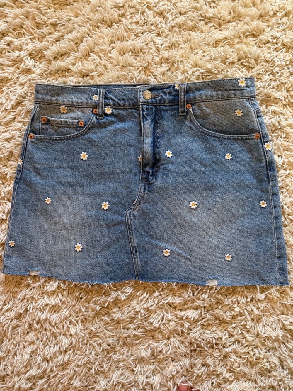 Denim Mini Skirt with Embroidered White Daisies